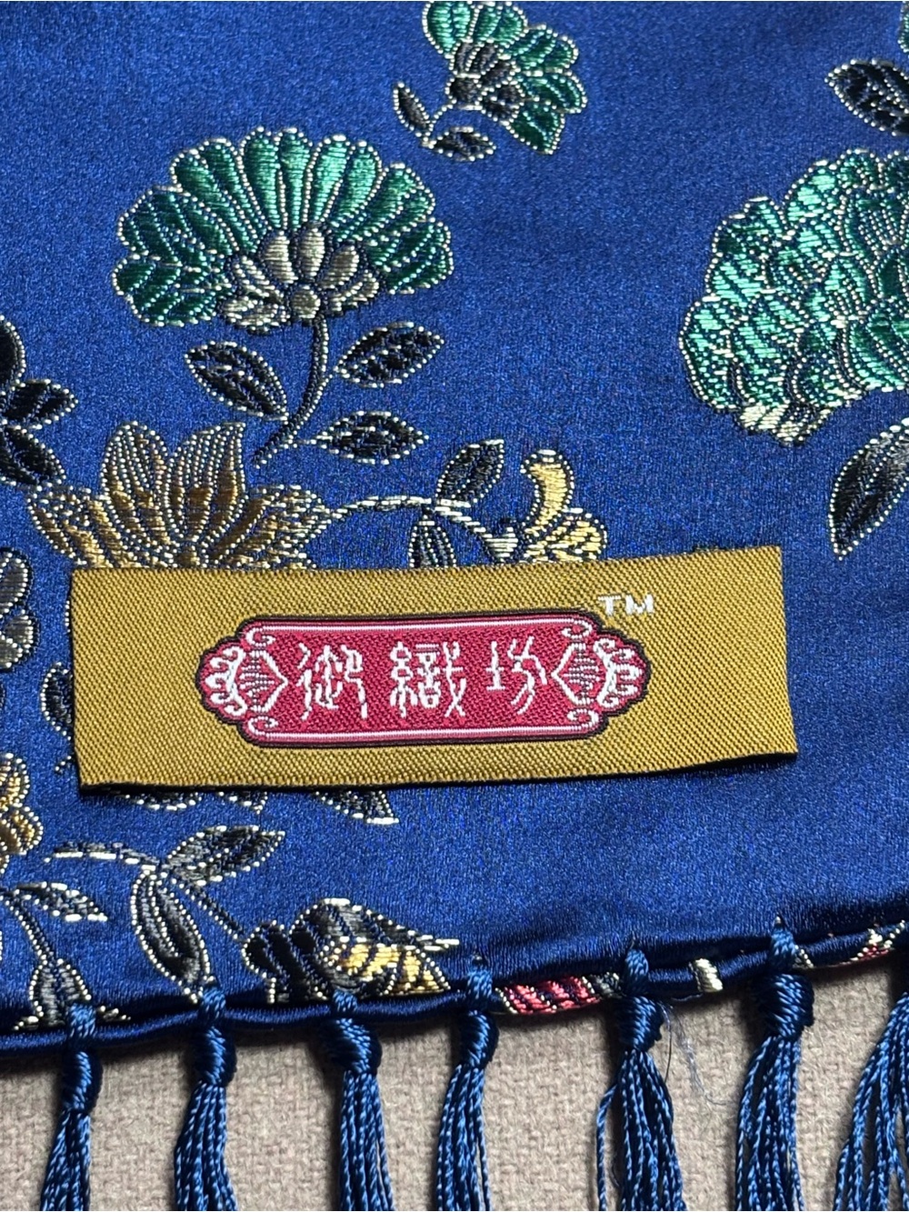 Vintage-Inspired Blue Chinese Embroidered Floral Scarf with Tassel Fringe - Picture 5 of 10